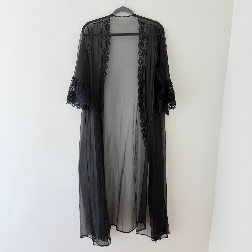 Vintage Perfectform Black Sheer Nylon Peignoir Robe XL Lace Bell Sleeve USA - Picture 3 of 10